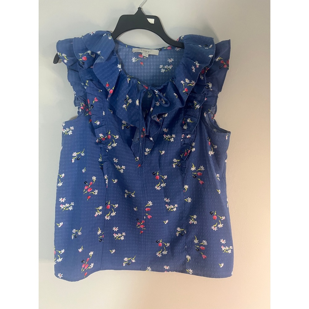 LOFT Blue Floral Ruffle Tie Neck Sleeveless Blouse Top Small Seersucker‎ Texture